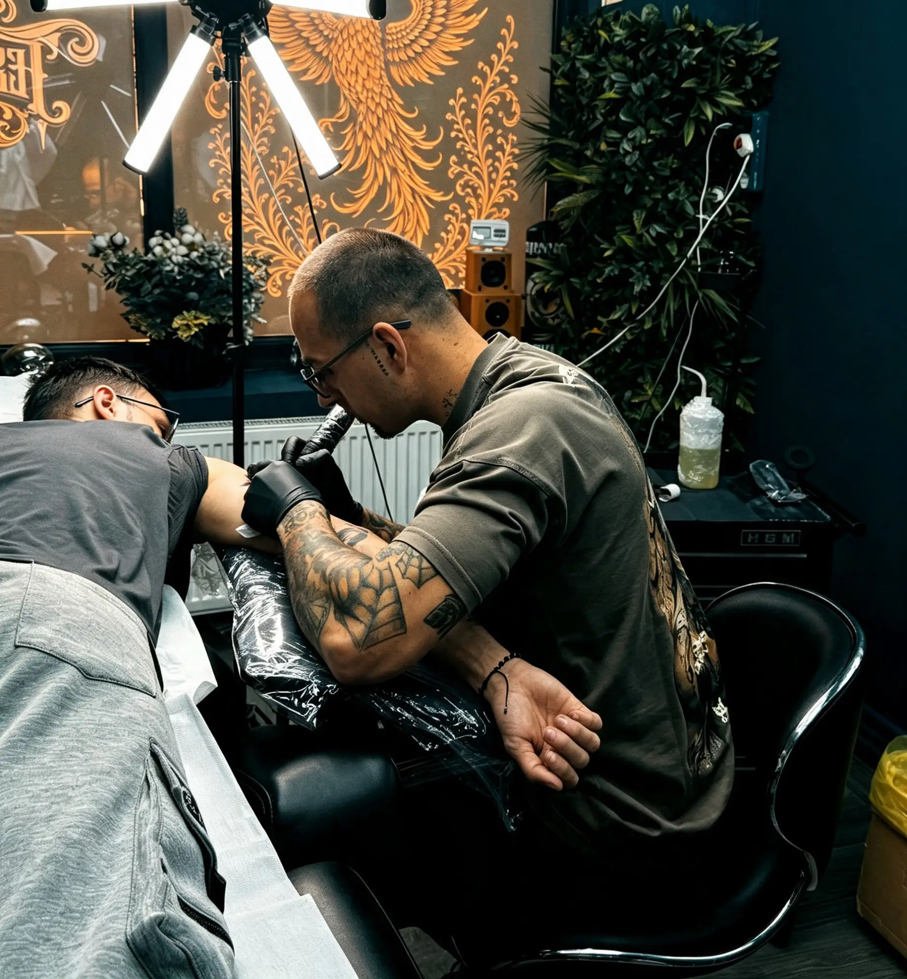 Tesu Ioan lucrând la un tatuaj în studio